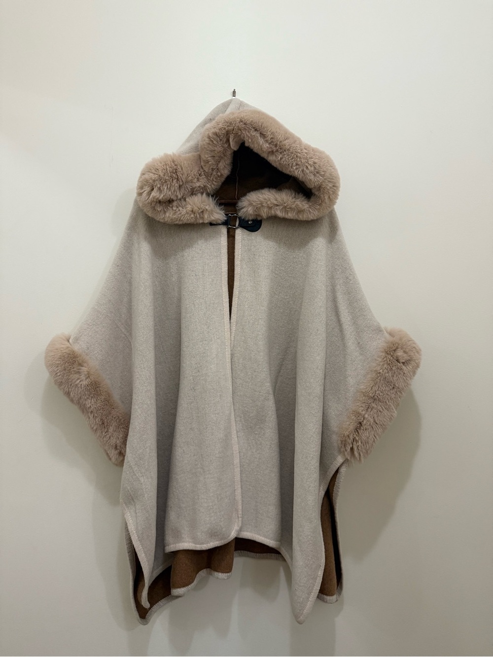 Hooded Faux-Fur Trim Cape Sweater - Light Taupe